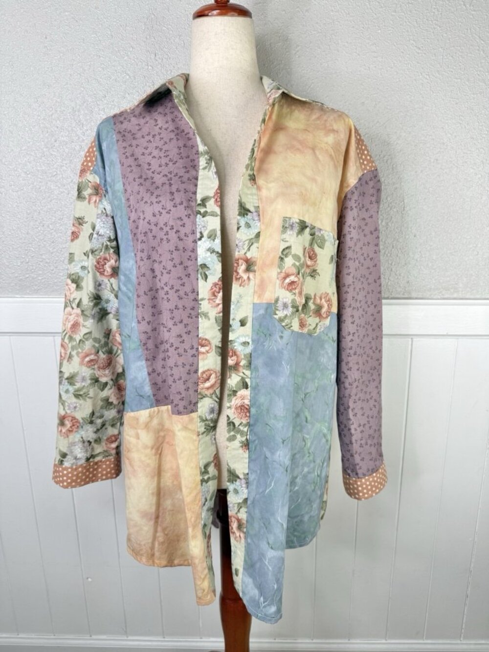 Cottagecore Floral Patchwork Open Front Shirt Top Grannycore Grandma Shabby Chic - Picture 2 of 10